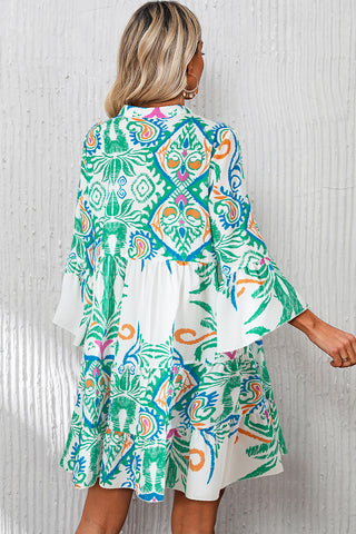 White Printed Tribal Bracelet Sleeve Buttoned Mini Dress