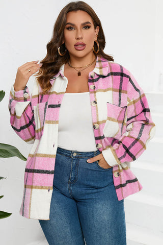 Purple Plaid Color Block Buttoned Long Sleeve Jacket with Pocket