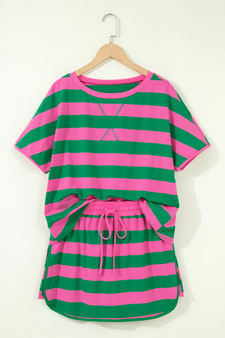 Rose Stripe Dolman Tee Drawstring Skort Athletic 2pcs Set