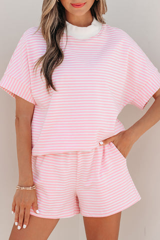 Sky Blue Stripe Cuffed Sleeve Contrast Mock Neck Tee Casual 2pcs Short Set