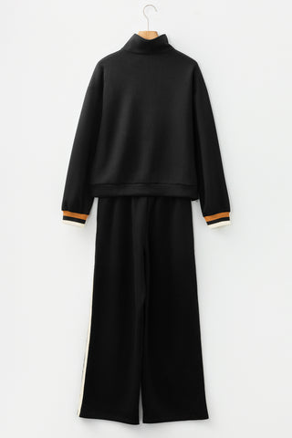 Black Striped Patchwork Quarter Zip Pullover Loose Pant Set