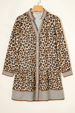 Brown Leopard Print Striped Patchwork 3/4 Sleeve Loose Mini Dress