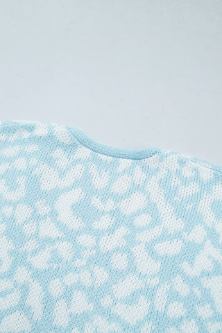 Light Blue Leopard Print V Neck Long Sleeve Loose Fit Knit Cardigan