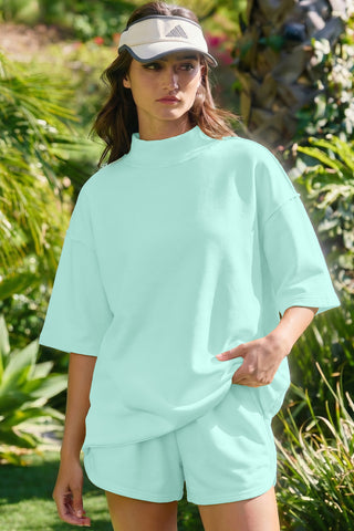 Yellow Cream Solid Color Exposed Seam Mock Neck Oversize Tee Casual Shorts 2pcs Outfit