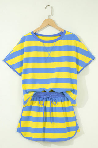 Yellow Stripe Dolman Tee Drawstring Skort Athletic 2pcs Set