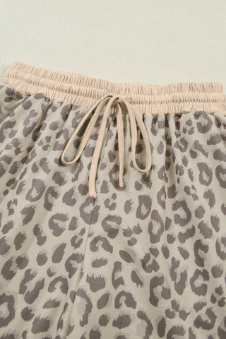 Rose V Neck Collar Leopard Printed 2pcs Short Set