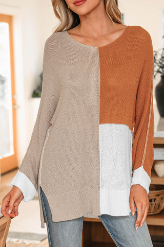 Evergreen Color Block Knit V Neck Loose Sweater
