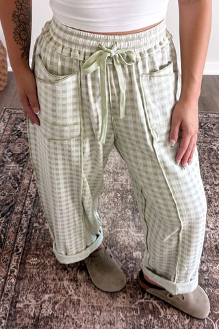 Red Plaid Contrast Trim Drawstring Elastic Waist Shift Pants