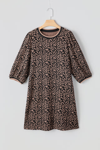Black Leopard Print Bubble Sleeve Shift Mini Dress