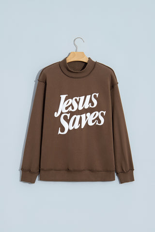 Fiery Red Jesus Saves Slogan Print Stand Neck Baggy Sweatshirt