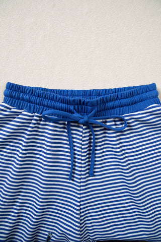 Blue Stripe Oversized Long Sleeve Top Drawstring Loose Shorts 2pcs Set