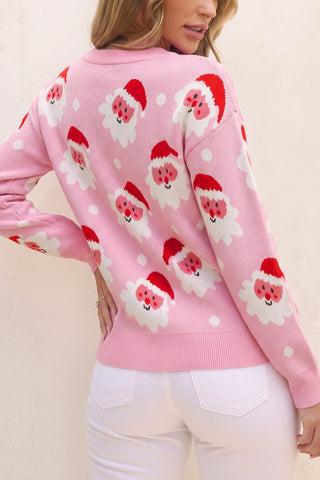Pink Cartoon Santa Pattern Round Neck Dropped Shoulder Sweater