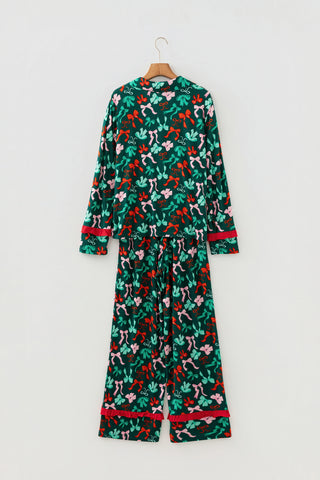 Green Festive Bow Print 2pcs Pajama Pant Set