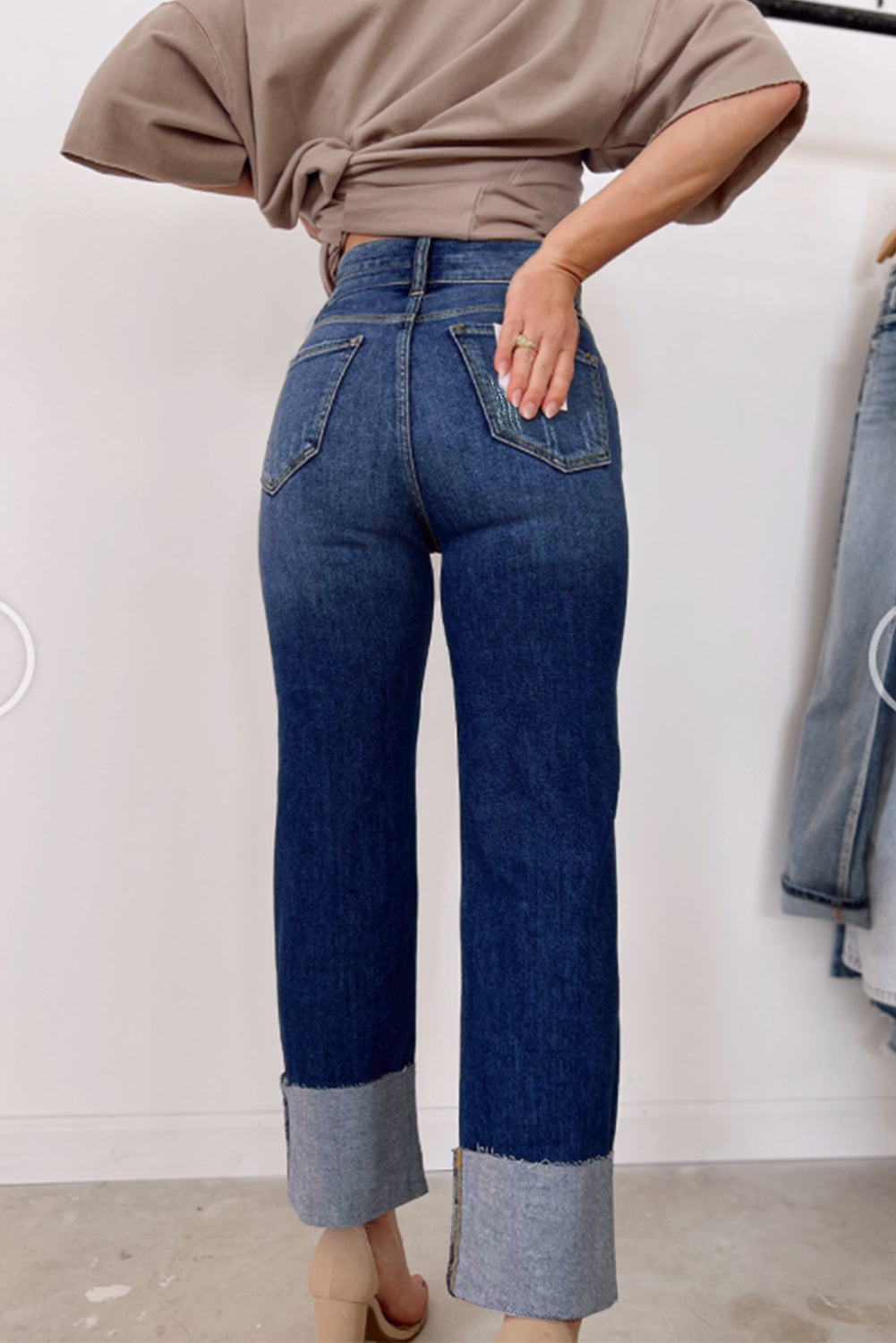 Blue-2 High Waist Distressed Straight Leg Jeans