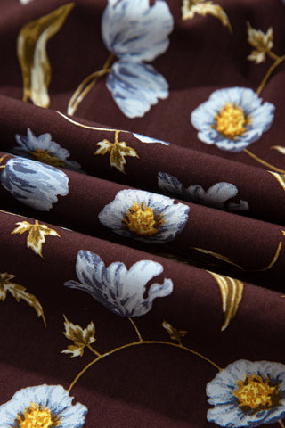 Brown Floral Print Shirred V Neck Shift Dress