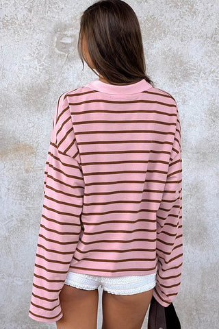 Pink Stripe Striped Long Sleeve Collar Shift Top