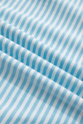 Sky Blue Stripe Cuffed Sleeve Contrast Mock Neck Tee Casual 2pcs Short Set