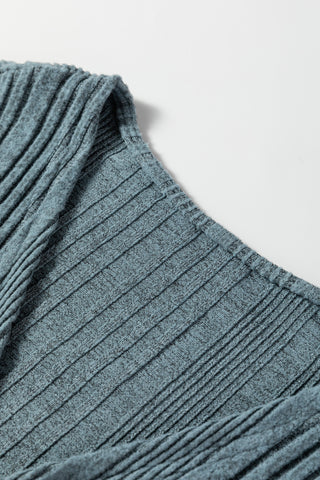 Stone Blue Ribbed Open Front Knitted Top with Pockets