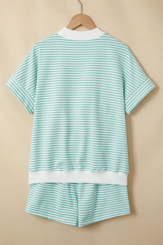 Sky Blue Stripe Cuffed Sleeve Contrast Mock Neck Tee Casual 2pcs Short Set