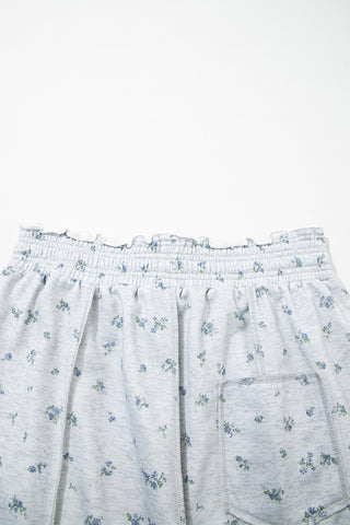 Gray Floral Print Elastic Waist Regular Fit Pants