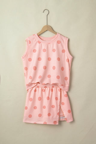 Pink Ribbed Trim Polka Dot Print Tank Split Mini Skort 2pcs Set