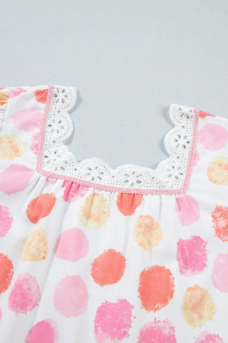 Pink Polka Dot Lace Trim Square Neck Puff Sleeve Blouse