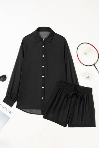 Black Sheer Tunic Shirt Drawstring Shorts 2pcs Swim Cover Up