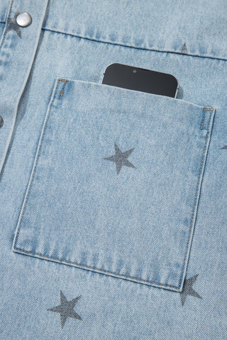 Sky Blue Stars Pattern Long Sleeve Shirt Collar Denim Jacket