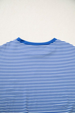 Blue Stripe Oversized Long Sleeve Top Drawstring Loose Shorts 2pcs Set