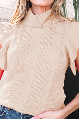 Jet Stream Cable Knit Turtleneck Ruffled Short Sleeve Sweater