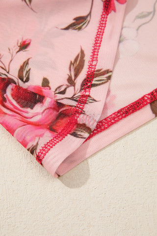 Pink Floral Print Exposed Seam Detail Mesh Long Sleeve Top