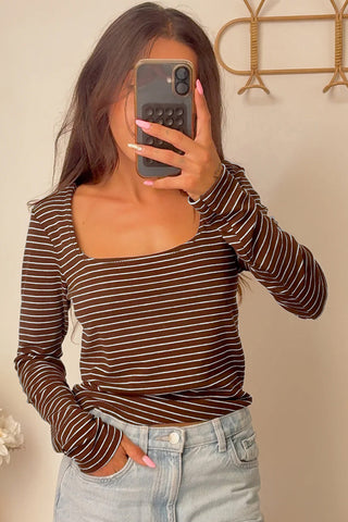 White Stripe Square Neck Long Sleeve Top