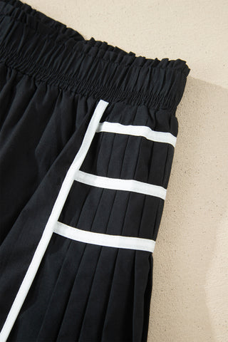 Black Contrast Trim Pleated Casual Active Shorts