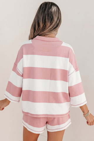 Pink Stripe Half Zip Bracelet Sleeve Top Casual Short Set
