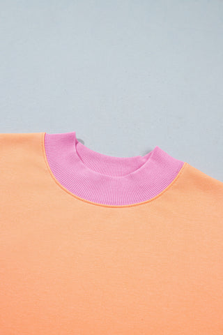 Grapefruit Orange Colorblock Trim Crewneck Long Sleeve Pullover Sweatshirt