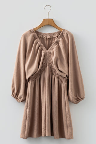Smoke Gray Deep V Neck Bubble Sleeve Smocked Mini Dress