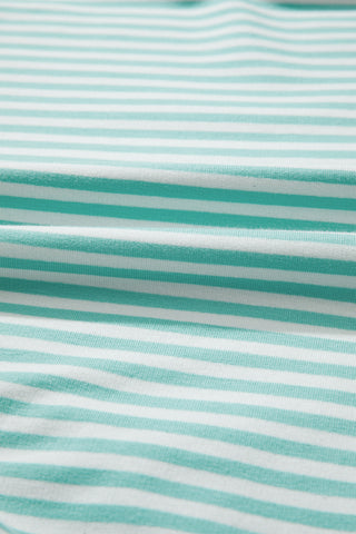 Sky Blue Stripe Cuffed Sleeve Contrast Mock Neck Tee Casual 2pcs Short Set