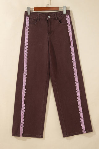 Coffee Lace Trim Casual Full-Length Regular Fit Jeans