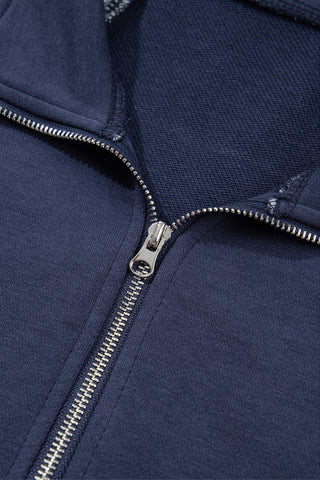 Navy Blue Patchwork Plaid Pocket Quarter Zip Sweatshirt