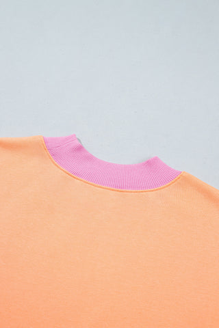 Grapefruit Orange Colorblock Trim Crewneck Long Sleeve Pullover Sweatshirt