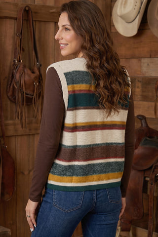 Multicolour Striped Button Front Sleeveless Knit Regular Fit Sweater Vest