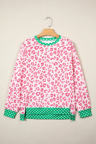 Pink Leopard Polka Dot Colorblock Trim Long Sleeve Top