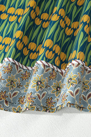 Green Plus Size Mixed Floral Print Striped Trim Loose Mini Dress