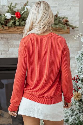 Blackish Green Twisted Rib Outlined Merry Letter Graphic Loose Long Sleeve Top