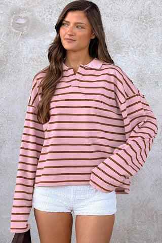 Pink Stripe Striped Long Sleeve Collar Shift Top