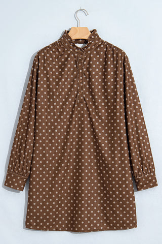 Brown Polka Dot V Neck Long Sleeve Button Shift Dress