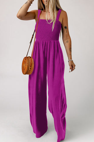 Rose Red Smocked Square Neck Sleeveless Jumpsuit with Pockets