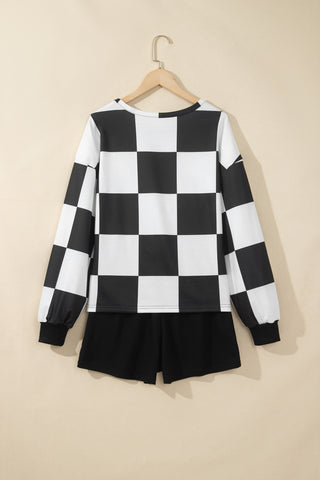 Khaki Checkerboard Plaid Long Sleeve Solid Color Shorts 2pcs Set