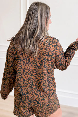 Brown Leopard Print Long Sleeve Henley Top Elastic Waist Shorts 2pcs Outfit