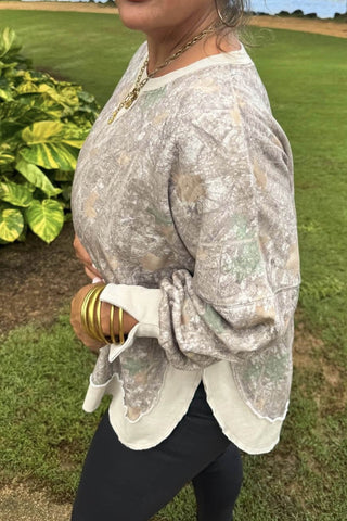 Khaki Camouflage Print Round Neck Long Sleeve Shift Plus Size Sweatshirt